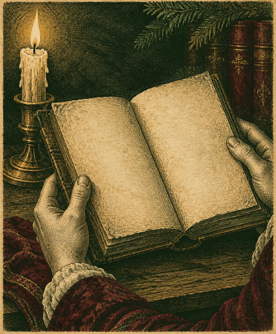 Mãos segurando um livro antigo aberto à luz de vela